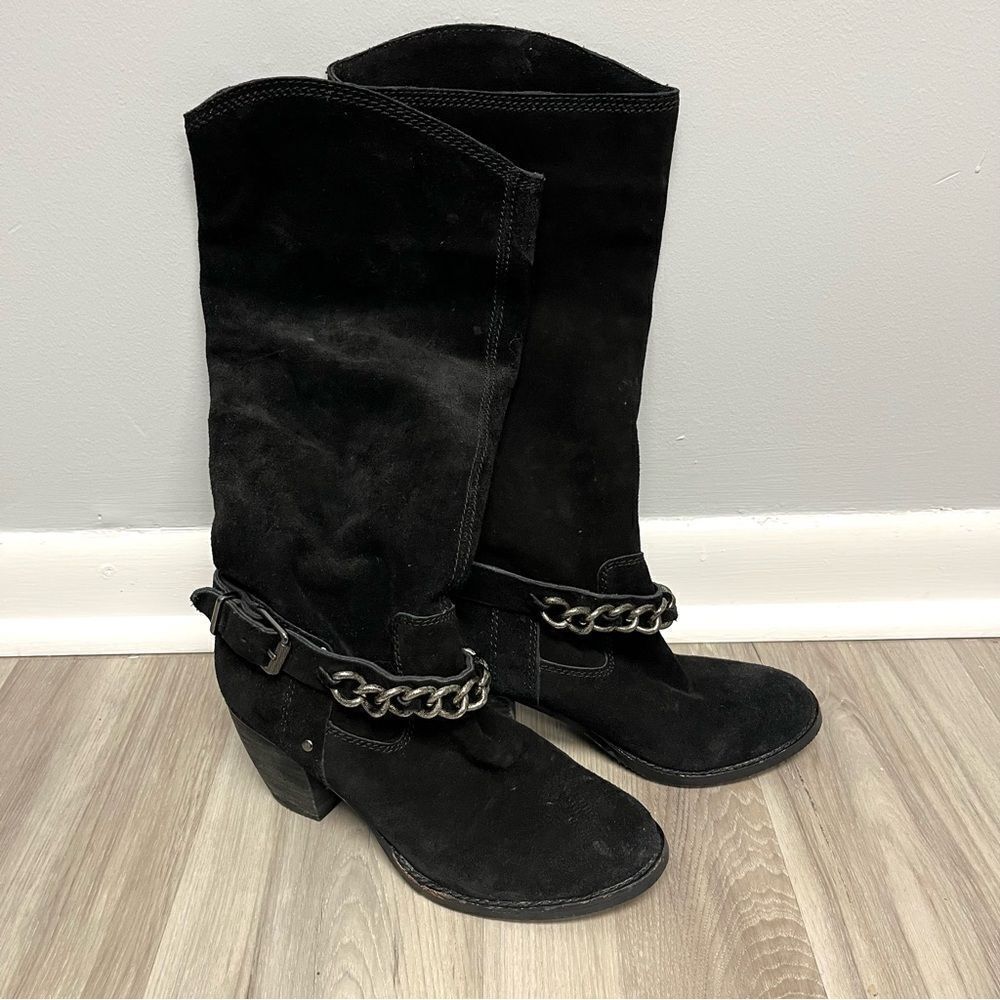 BCBGGeneration Boots Women’s 6.5 Arena Black Suede Leather Tall 3” Block‎ Heeled